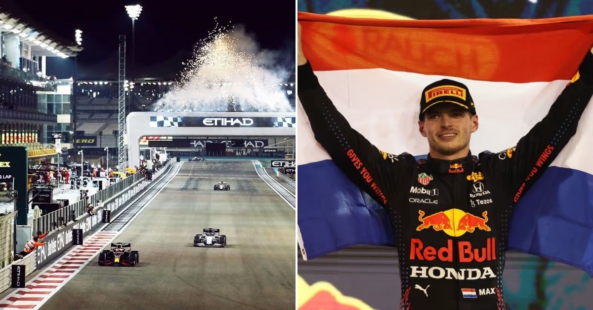 Red Bull car crossing the finish line (left), Max Verstappen with the Dutch flag (right)(Credits: F1)