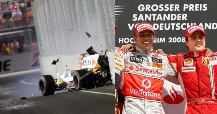 Nelson Piquet Jr crash in Singapore 2008 (left), Lewis Hamilton and Felipe Massa at German Grand Prix 2008 (right) (Credits- Pinterest, F1i.com)