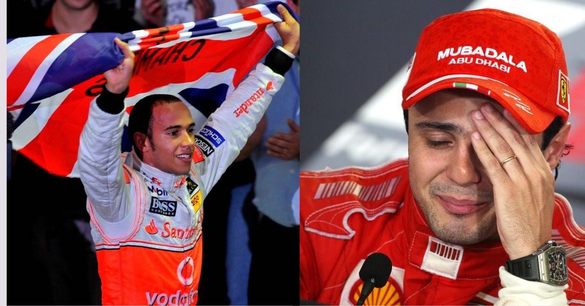 Lewis Hamilton celebrating his first WDC in 2008 (left), Felipe Massa (right) (Credits- PlanetF1, F1i)
