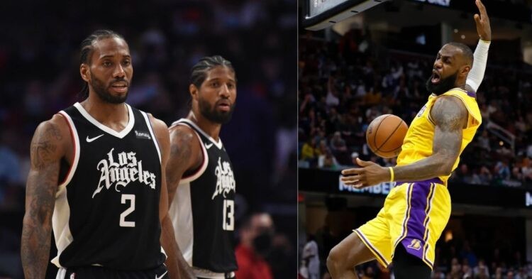 Los Angeles Lakers' LeBron James and Los Angeles Clippers' Kawhi Leonard and Paul George on the court