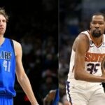 Kevin Durant and Dirk Nowitzki on the court