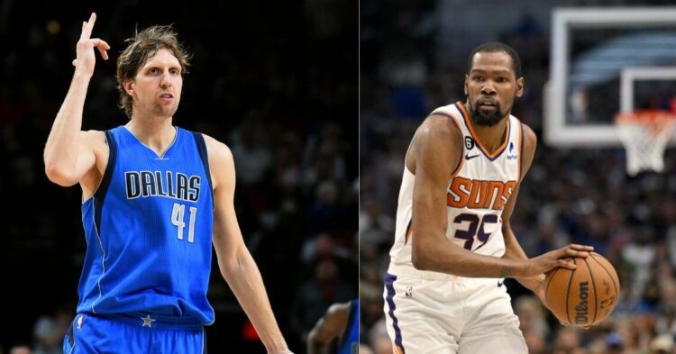 Kevin Durant and Dirk Nowitzki on the court