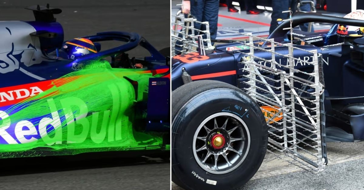 Flow Vis (left) and Aero rake (right) used during test and free practice) (credits f1)