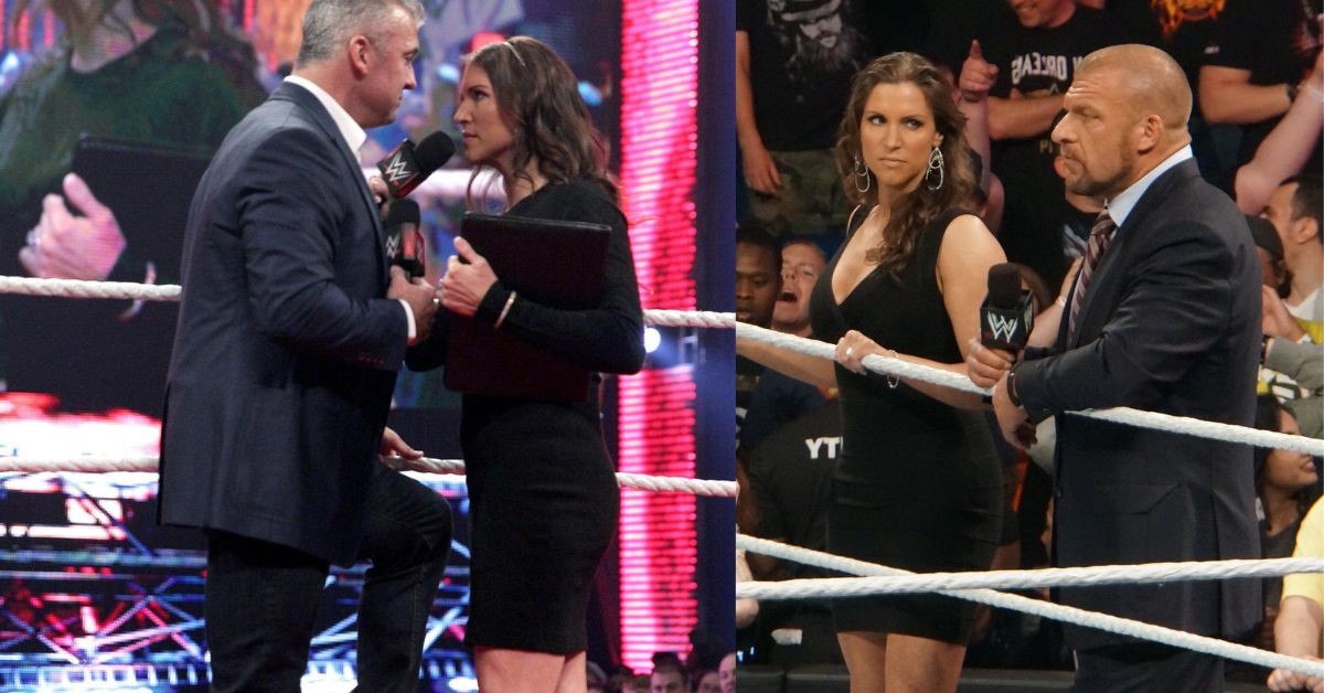 Shane McMahon and Stephanie McMahon (left) Stephanie McMahon with Triple H (right)