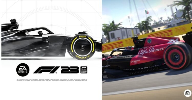 F1 23 game poster (left) Alfa Romeo 2023 livery in the F1 22 game (right) (credits EA)