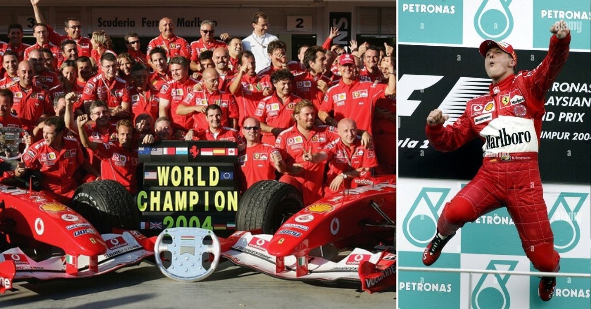 Michael Schumacher celebratin with team (credits f1, Alamy)