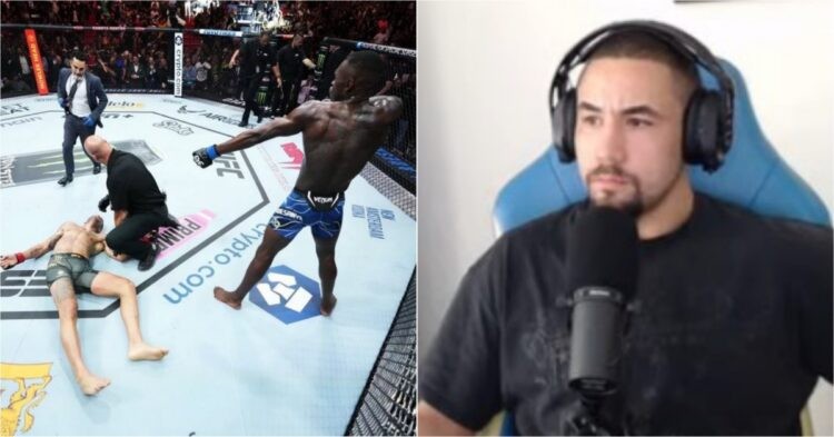 Robert Whittaker reacts to Israel Adesanya KO Alex Pereira at UFC 287 (right)