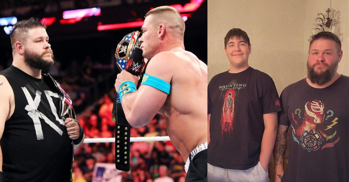 Kevin Owens and John Cena (left) Kevin Owens and his son (right)