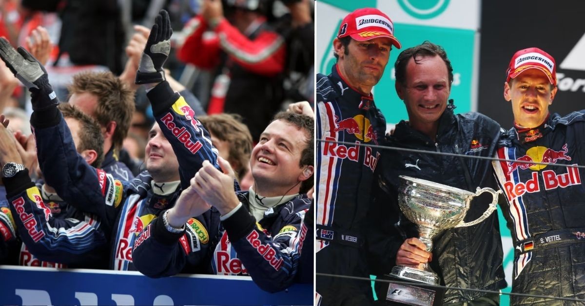 The Red Bull team celebrating their first F1 Victory (credits F1, Red Bull)