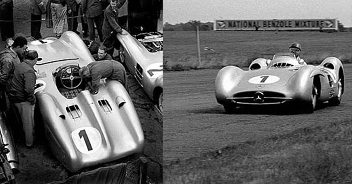 Mercedes Mechanics working on Fangio's car (left) Fangio in the Mercedes 1954 car (right) (credits F1)