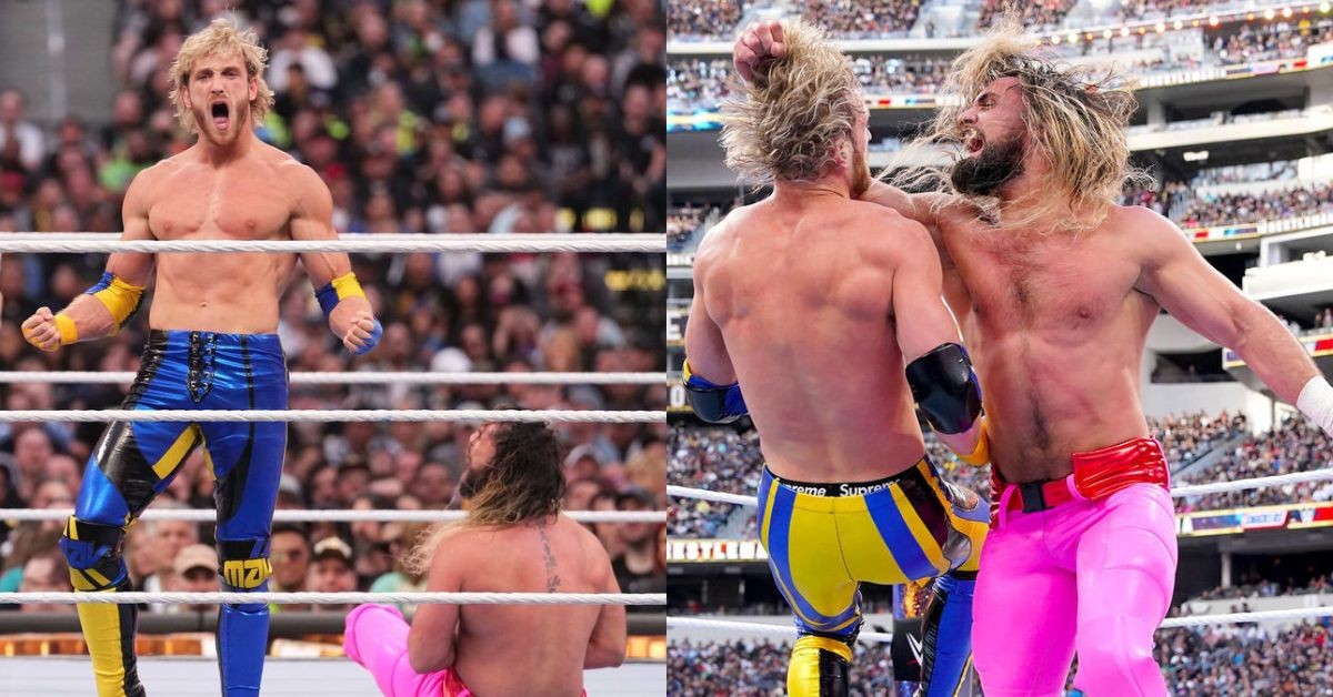 Logan Paul and Seth Rollins during WrestleMania 39