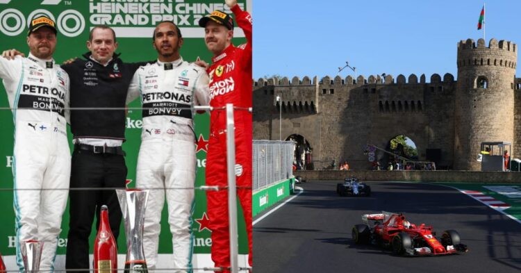Valtteri Bottas, Lewis Hamilton and Sebastian Vettel on podium at the Chinese Grand Prix 2019 (left), Azerbaijan Grand Prix (right) (Credits- Formula 1, Beyond the Flag)