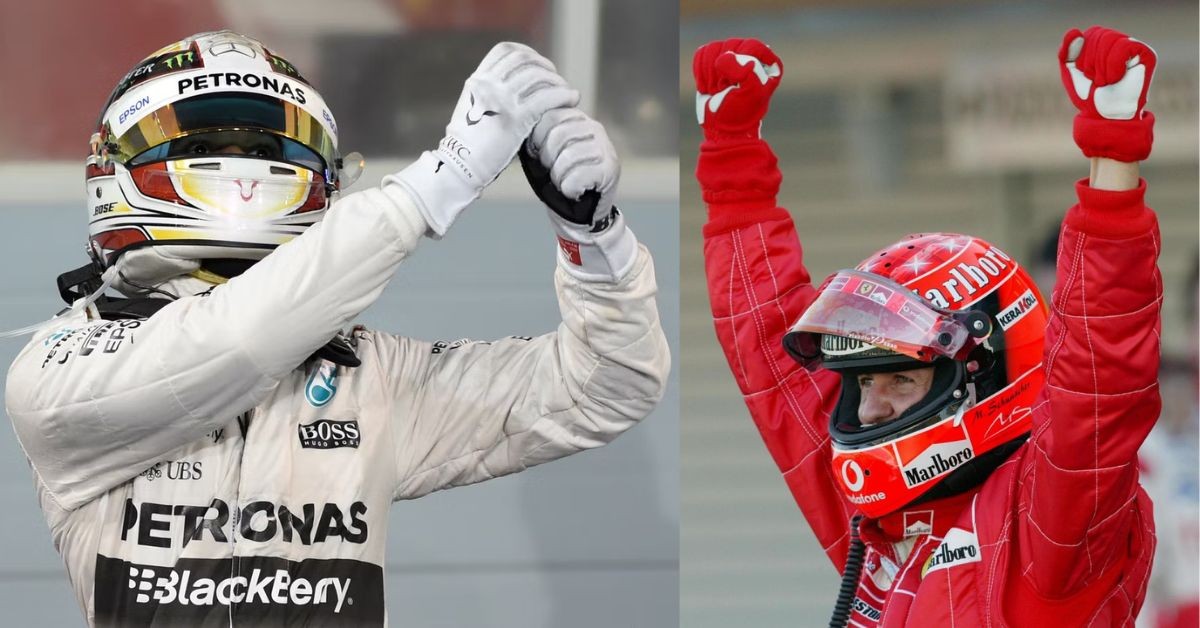 Lewis Hamilton(left) and Michael Schumacher(right) celebrating on the podium (Credit- The Independent, Sky Sports)