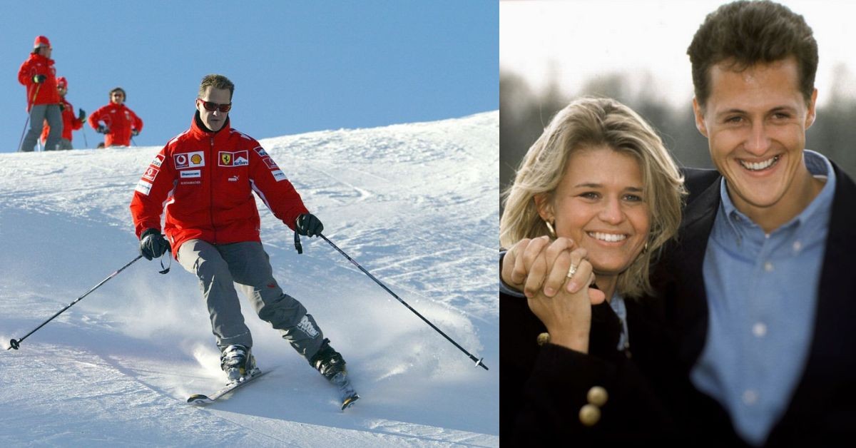 Michael Schumacher skiing (left), Schumacher with his wife Corinna (right) (Credit- CNN, The Mirror)