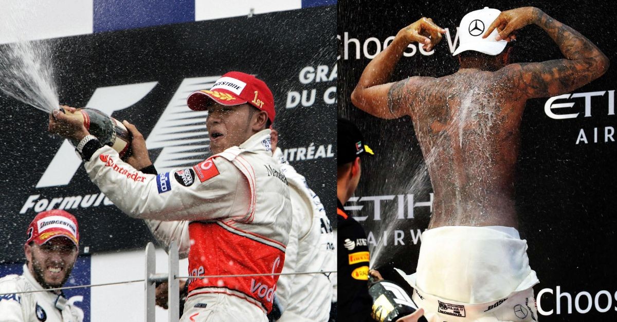 Lewis Hamilton celebrating his debut win (left), Lewis Hamilton on the podium(right) (Credit- RaceFans, Bleacher Report)