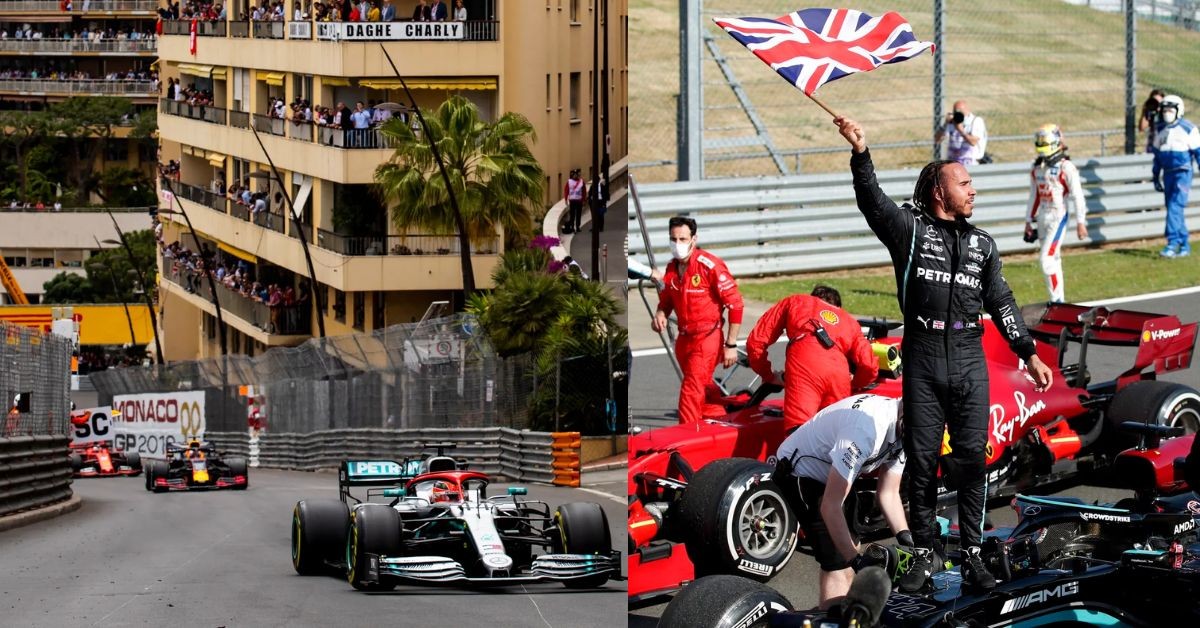 Lewis Hamilton driving on the Circuit de Monaco (left), Lewis Hamilton celebrating his win at Silverstone (Credit- The Guardian, Reuters)