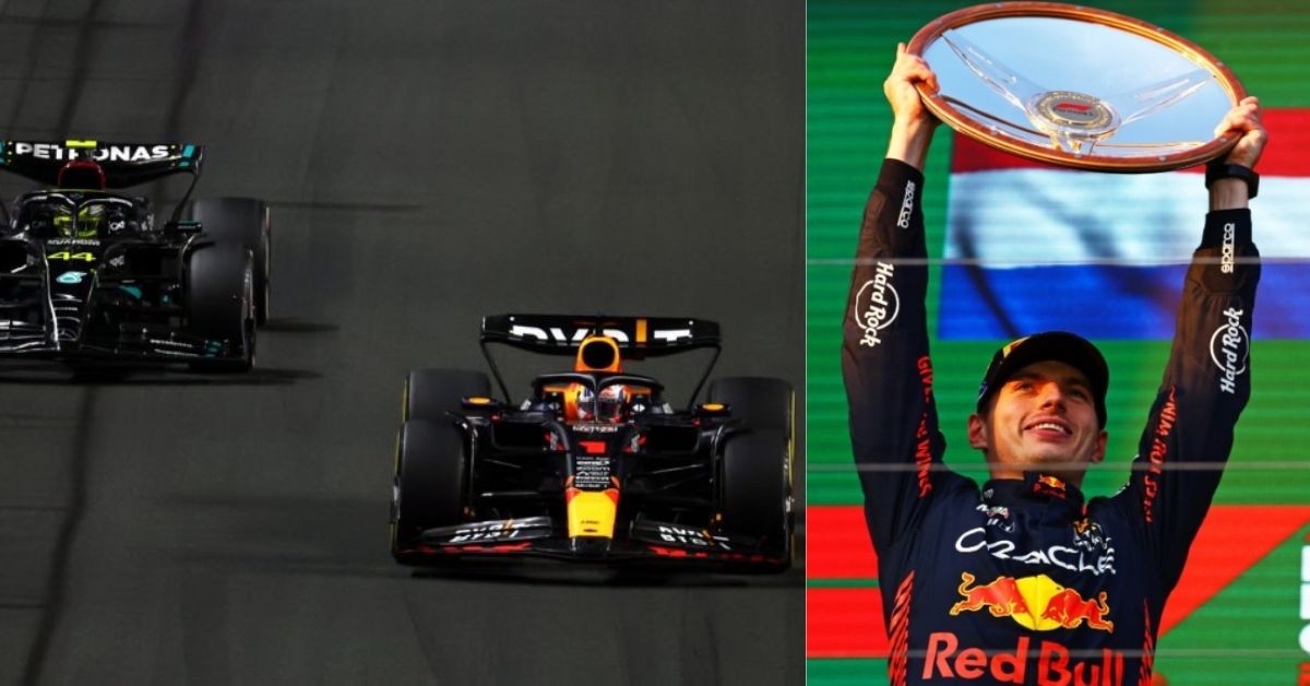 Red Bull RB19 overtaking the Mercedes W14(left), Max Verstappen celebrating his win in Australia(right) (Credit- F1i.com, The Financial Express)