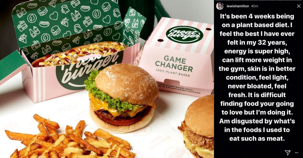 Lewis Hamilton's vegan food chain - Neat Burger ( left) Hamilton instagram story (right) (credits Green queen)