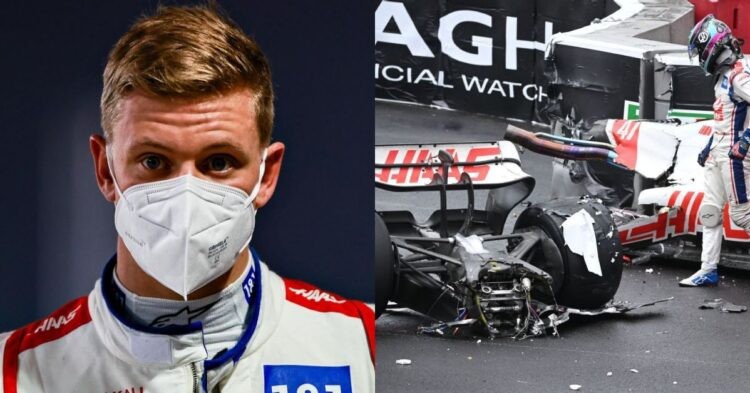 Mick Schumacher (left), Schumacher's crash at the Monaco GP (right) (Credits- eurosport.de, newscon.net)