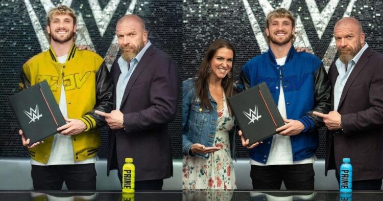 Logan Paul during renewing of his contract (left) Logan Paul at WWE signing (right)