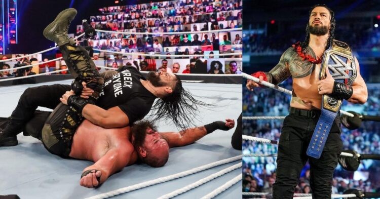 Roman Reigns pinning Braun Strowman (left) Roman Reigns as WWE Universal Champion (right)