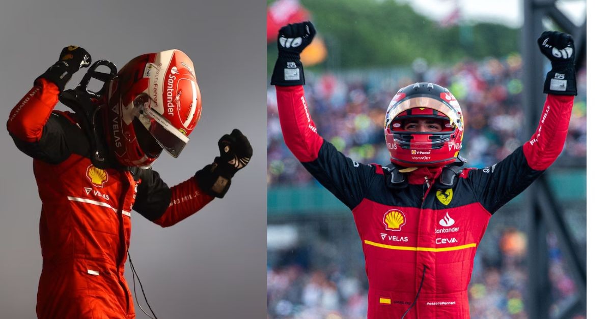 Charles Leclerc celebrating his win in the Bahrain GP 2022 (left) Carlos Sainz celebrating his win in 2022 at Silverstone(Credit- ABC,, F1i.com)