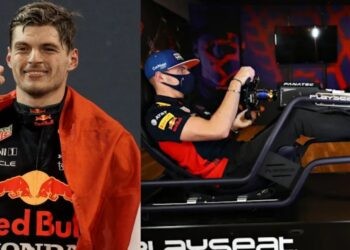 Max Verstappen (left), Verstappen sim racing(right) (Credit- DNA India, RacingNews365)