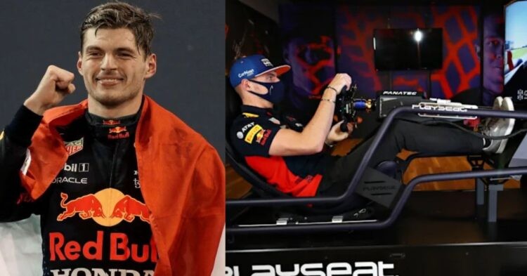 Max Verstappen (left), Verstappen sim racing(right) (Credit- DNA India, RacingNews365)