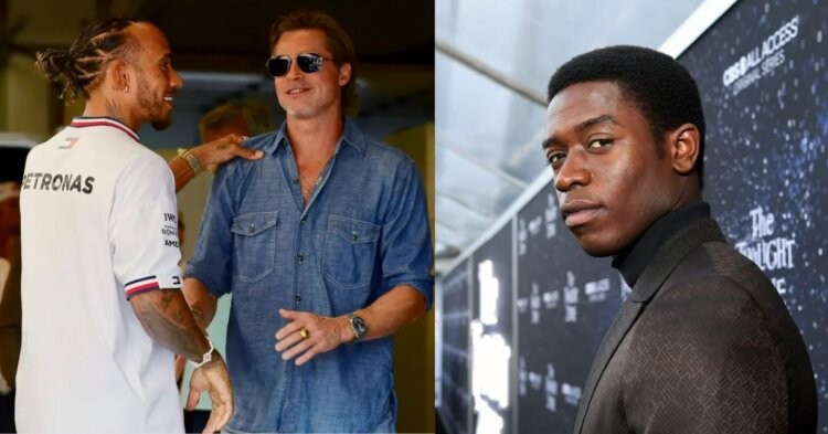 Lewis Hamilton with actor Brad Pitt (left), British- Nigerian actor, Damson Idris to star in Formula 1 movie (right) (Credits- drive.com.au, popsugar.com)