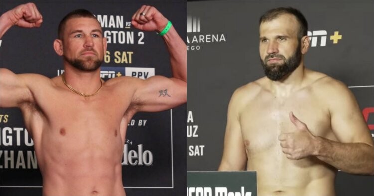 Dustin Jacoby (left) and Azamat Murzakanov (right) weigh-in for UFC event