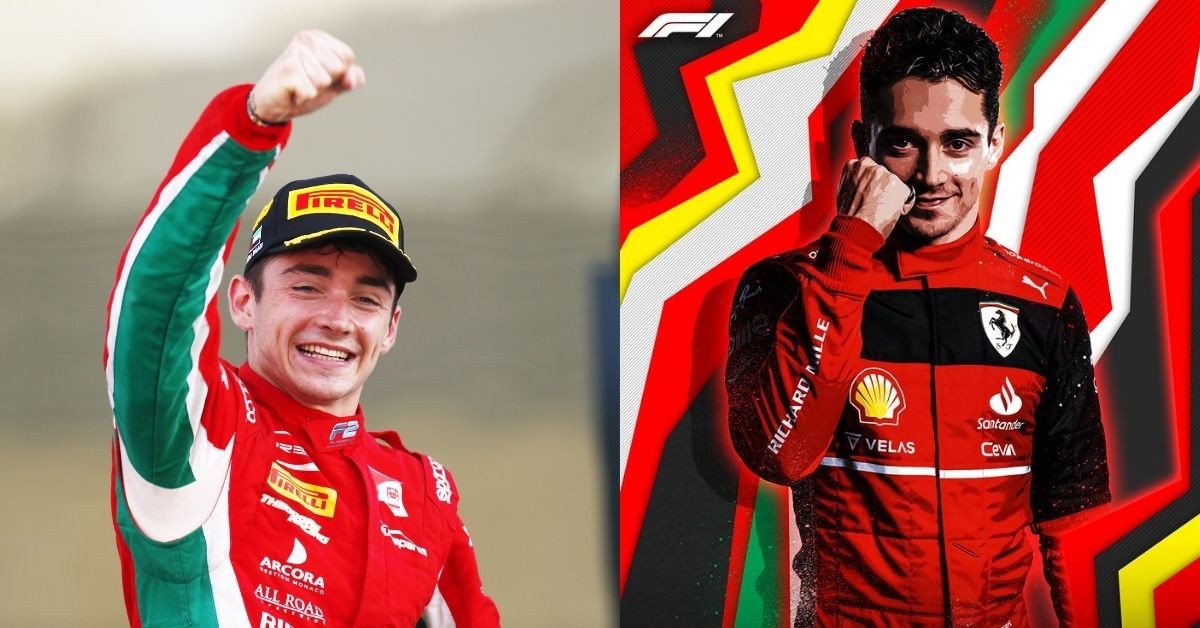 Charles Leclerc in F2 (left), Leclerc in Ferrari (right) (Credits: F2, Twitter)
