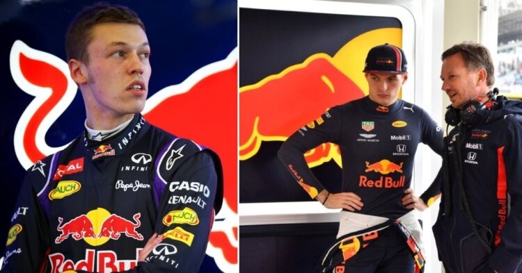 Daniil Kvyat (left) Max Verstappen and Christian Horner (right) (credits Red Bull, Getty)