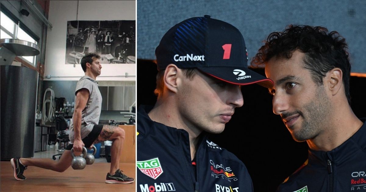Daniel Ricciardo during his fitness routine (left), Daniel Ricciardo with Max Verstappen (right) (Credits AFP via Getty Images, GQ Australia)