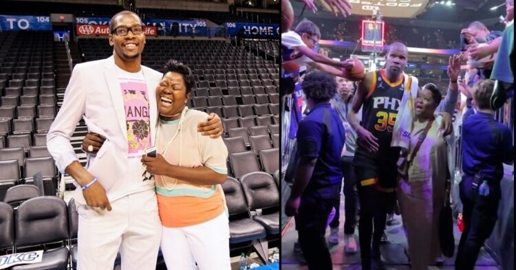 Kevin Durant on the court with his mother Wanda Durant