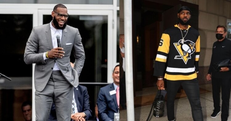 LeBron James wearing a suit and the Pittsburgh Penguins Jersey