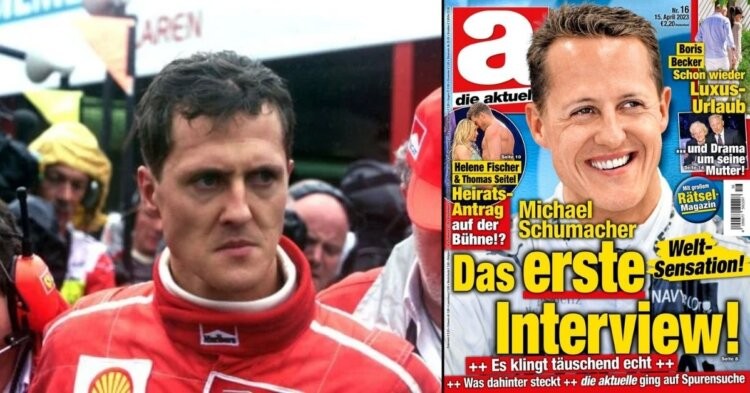 Michael Schumacher's fake interview on the front page of Die Aktuelle (right) A angry Michael Schumacher (left) (Credits: Reuters, Sky Sports)