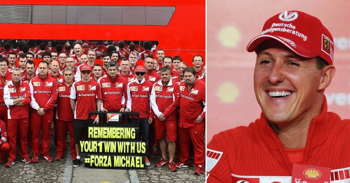 The 2014 Scuderia Ferrari paying tribute to Michael Schumacher after the accident (left) Michael Schumacher (right) (Credits: Race Fans, The Mirror)