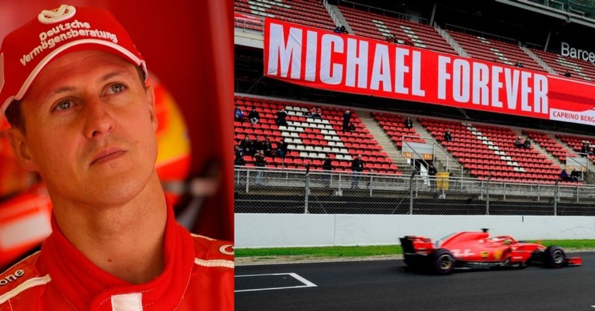 Michael Schumacher (right) Fans placing a Michael Forever banner during pre season testing in 2018 (right) (Credits: The Mirror, Marca)