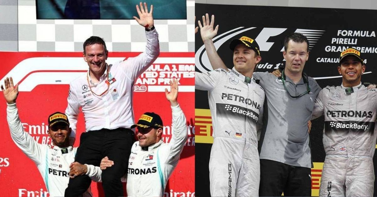 James Allison on the podium with Hamilton and Bottas (Left) Mike Elliott on the podium with Hamilton and Rosberg (right) (Credits: Grand Prix 247, Planet F1)