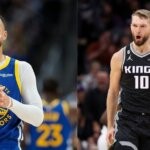 Sacramento Kings' Domantas Sabonis and Golden State Warriors' Stephen Curry on the court