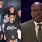 Shaquille O'Neal crying in a suit and with Shaunie Henderson and their children