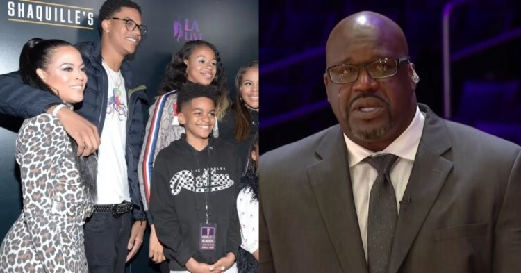 Shaquille O'Neal crying in a suit and with Shaunie Henderson and their children