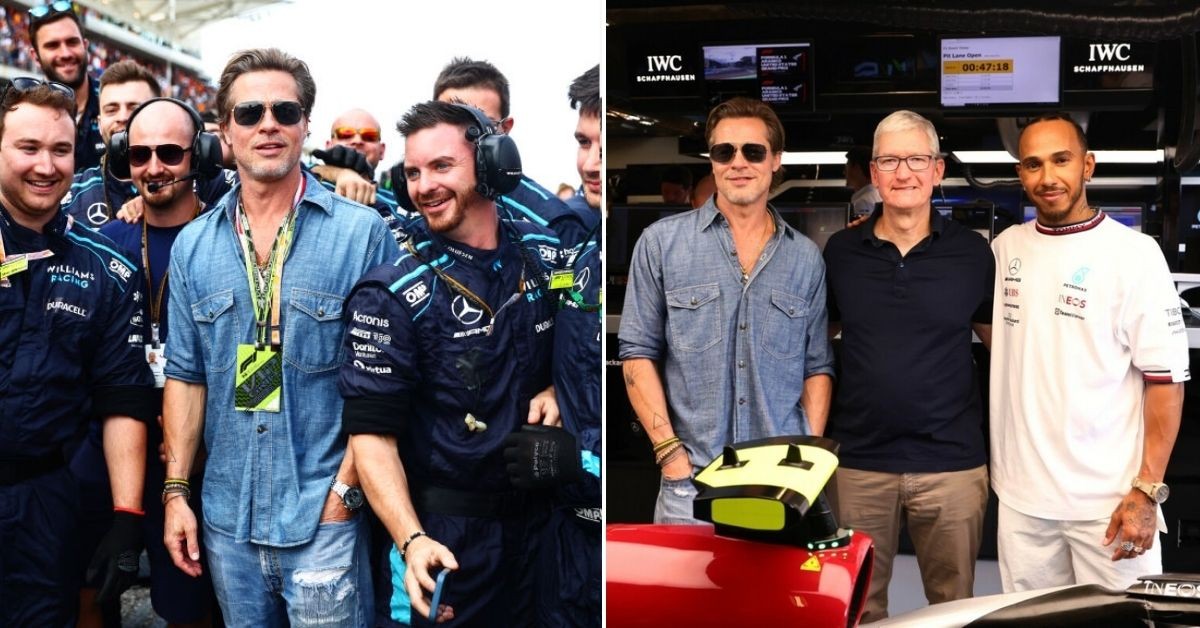 Brad Pitt with the Williams F1 team (left) Brad Pitt with Lewis Hamilton and Tim Cook (right) (Credits: Motorsport Images, Getty Images)