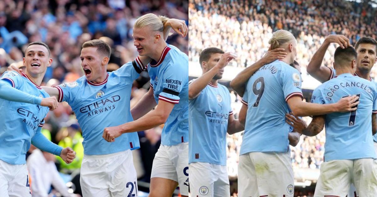 Erling Haaland celebrating with his Manchester City teammates. (credits- Manchester Evening News)