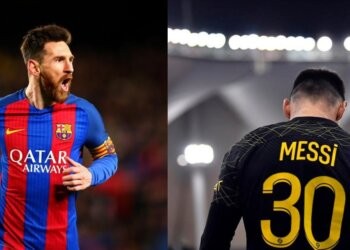 Lionel Messi in Barca colours (CREDITS: Getty Images) and Lionel Messi in PSG's jersey (CREDITS: Getty Images)