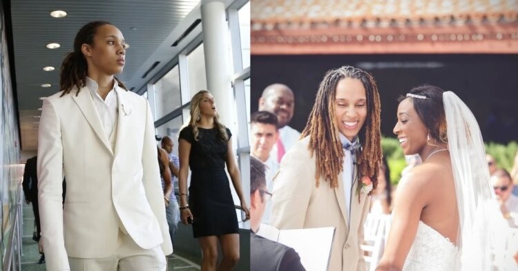 Brittney Griner in a suit and with her wife Cherelle Griner