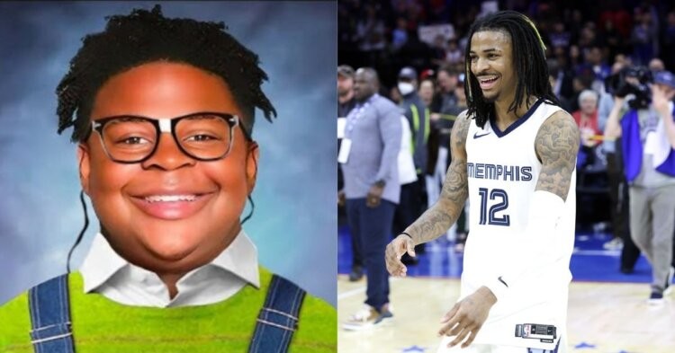 Ja Morant on the court and his alleged childhood picture circulated on social media