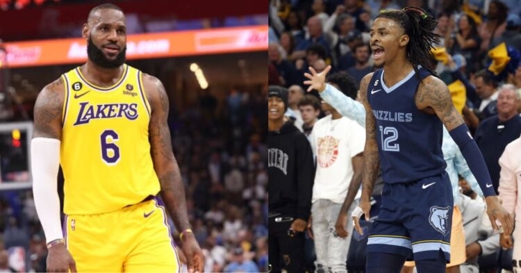 Los Angeles Lakers' LeBron James and Memphis Grizzlies' Ja Morant on the court