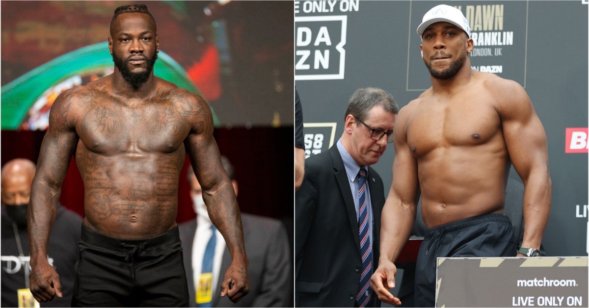 Deontay Wilder (left) and Anthony Joshua (right) weigh in