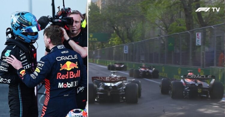 Max Verstappen confronting George Russell (left) The contact betwenn Max Verstappen and Russell during the race (Credits: Autosport, F1TV)
